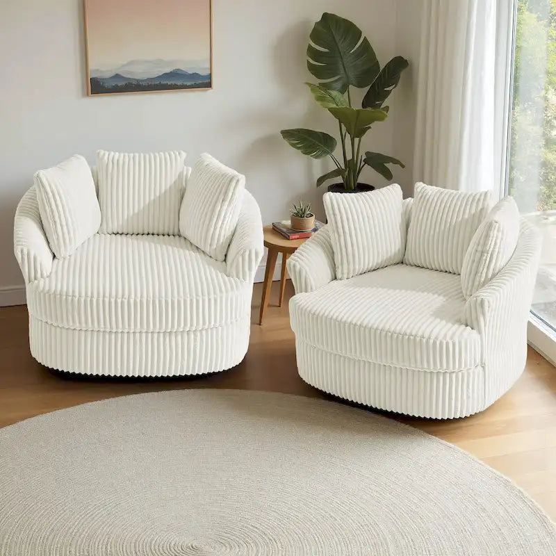 2 Set Oversized 43 W Plush Corduroy Swivel Barrel Chair with Pillows 39