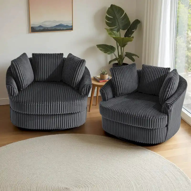 2 Set Oversized 43 W Plush Corduroy Swivel Barrel Chair with Pillows 3