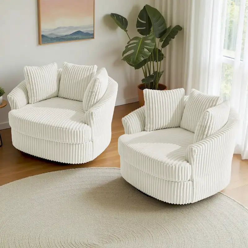 2 Set Oversized 43 W Plush Corduroy Swivel Barrel Chair with Pillows 6