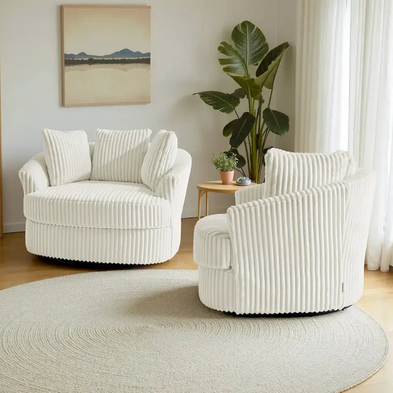 2 Set Oversized 43 W Plush Corduroy Swivel Barrel Chair with Pillows 8