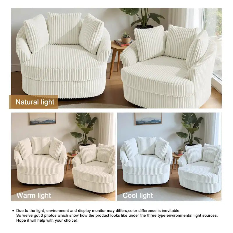 2 Set Oversized 43 W Plush Corduroy Swivel Barrel Chair with Pillows 18
