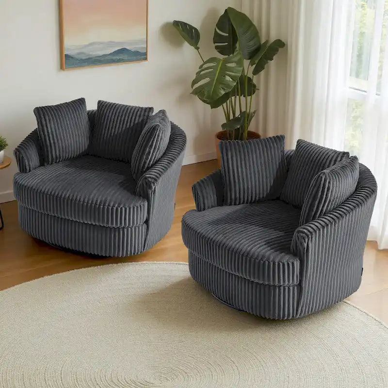 2 Set Oversized 43 W Plush Corduroy Swivel Barrel Chair with Pillows 19