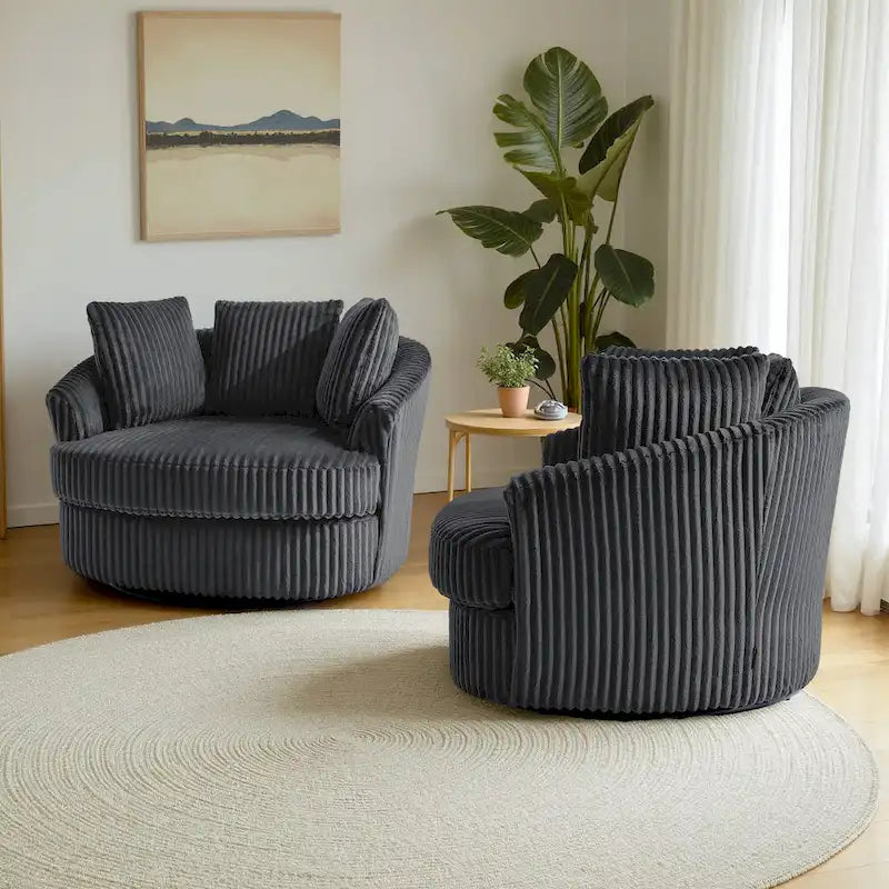 2 Set Oversized 43 W Plush Corduroy Swivel Barrel Chair with Pillows 20