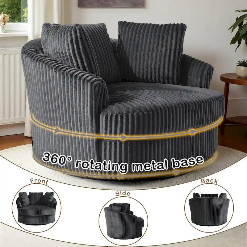 2 Set Oversized 43 W Plush Corduroy Swivel Barrel Chair with Pillows 28