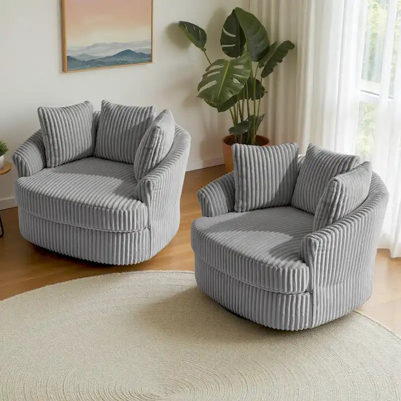 2 Set Oversized 43 W Plush Corduroy Swivel Barrel Chair with Pillows 31