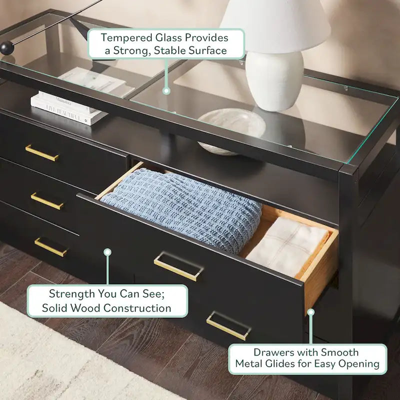 Walker Edison Solid Wood Dresser with Tempered Glass Top 8