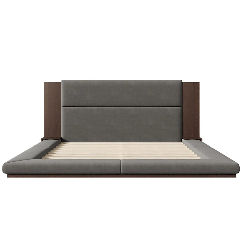 King Gray Floor Upholstered Bed Low Profile Platform Bed w/ Extended Wood Headboard, Built-in Nightstand Shelves 6