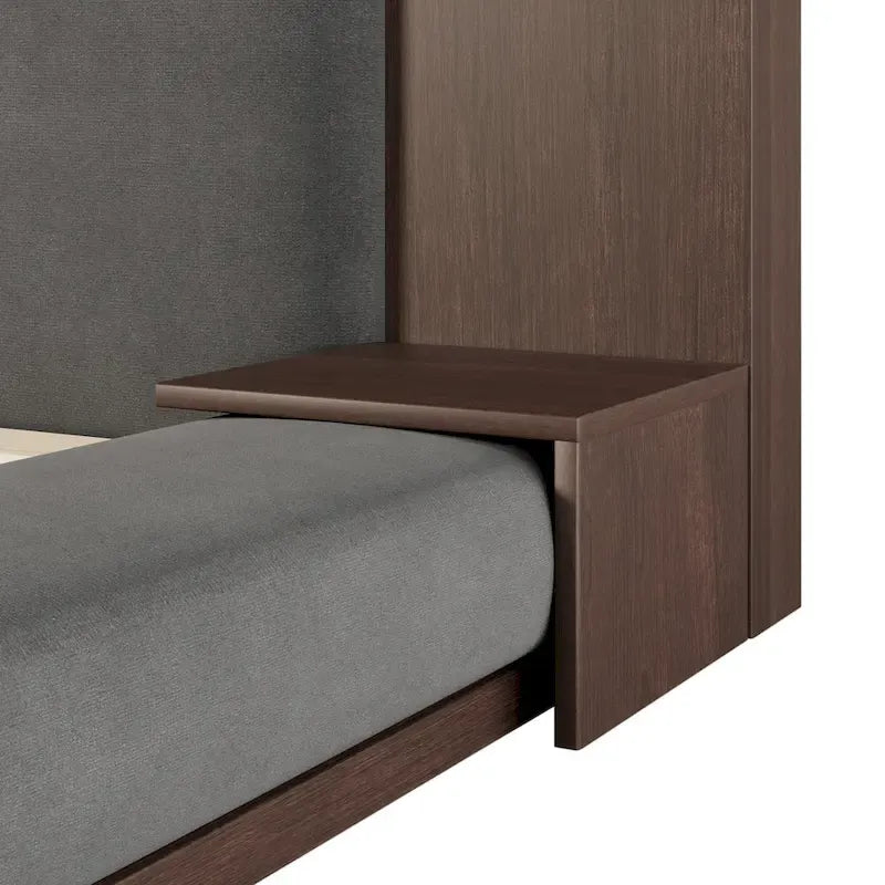 King Gray Floor Upholstered Bed Low Profile Platform Bed w/ Extended Wood Headboard, Built-in Nightstand Shelves 8