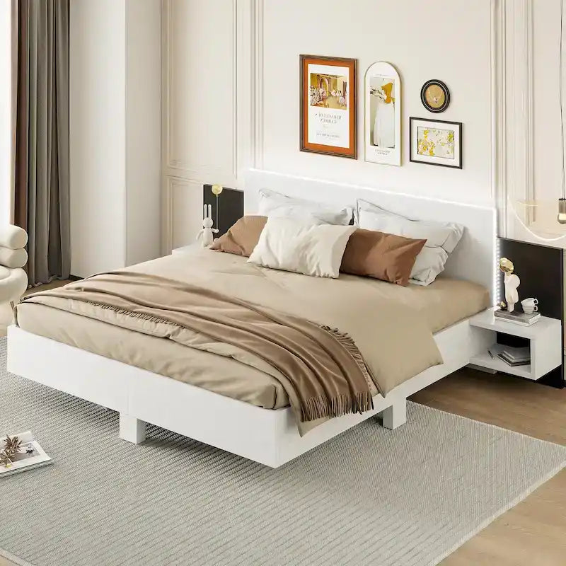 King Size Wooden Floating Platform Bed with Bedside Nightstand Modern LED King Size Bed Frame Wooden Slats Support 29