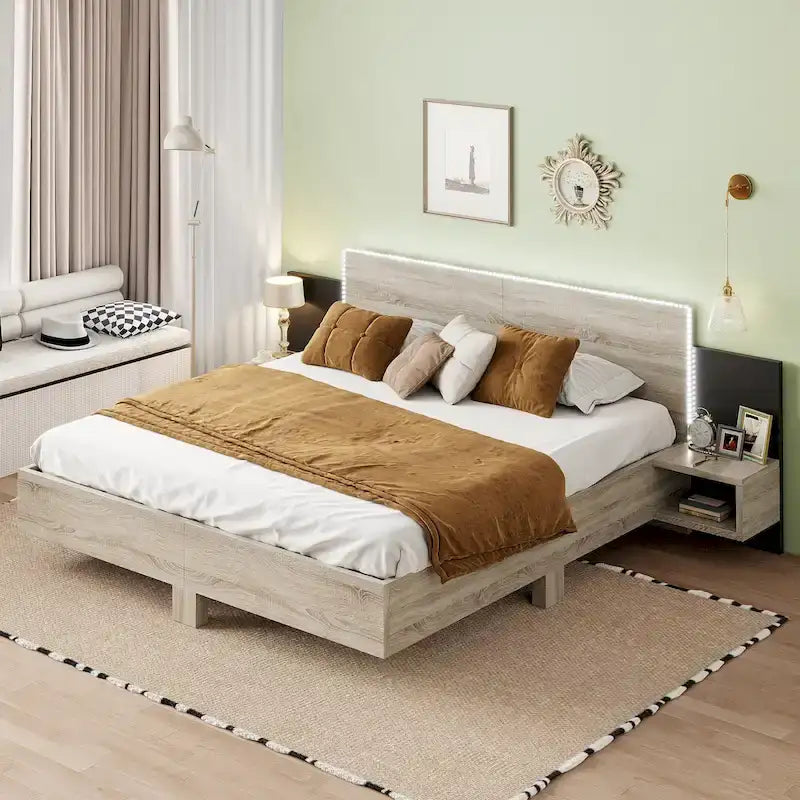 King Size Wooden Floating Platform Bed with Bedside Nightstand Modern LED King Size Bed Frame Wooden Slats Support 30