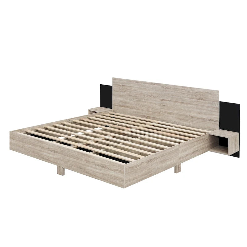 King Size Wooden Floating Platform Bed with Bedside Nightstand Modern LED King Size Bed Frame Wooden Slats Support 3