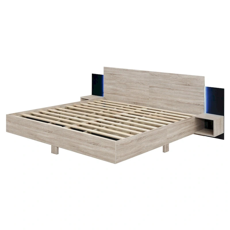 King Size Wooden Floating Platform Bed with Bedside Nightstand Modern LED King Size Bed Frame Wooden Slats Support 4