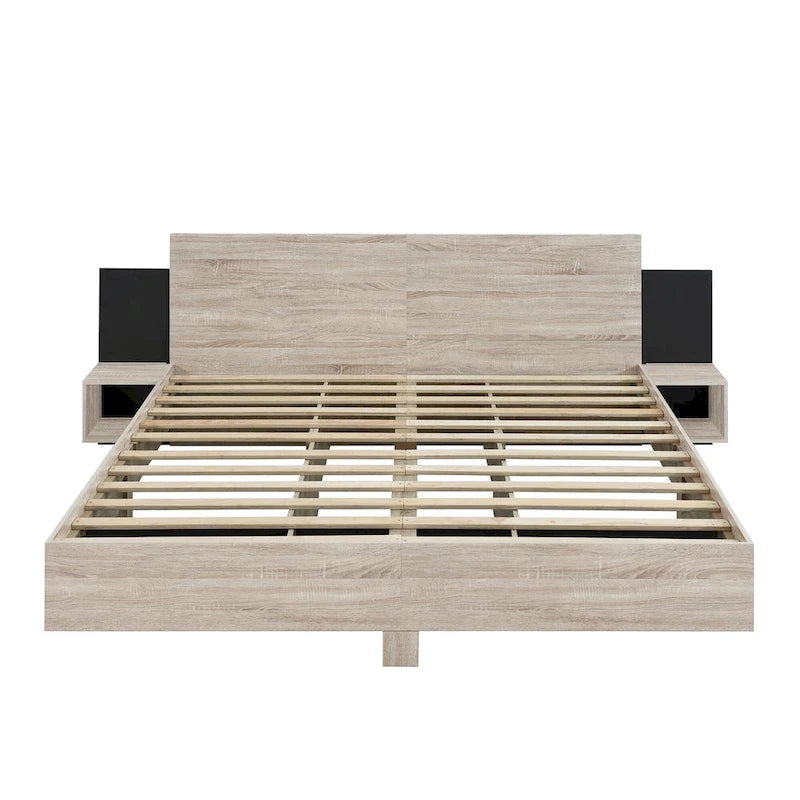 King Size Wooden Floating Platform Bed with Bedside Nightstand Modern LED King Size Bed Frame Wooden Slats Support 5