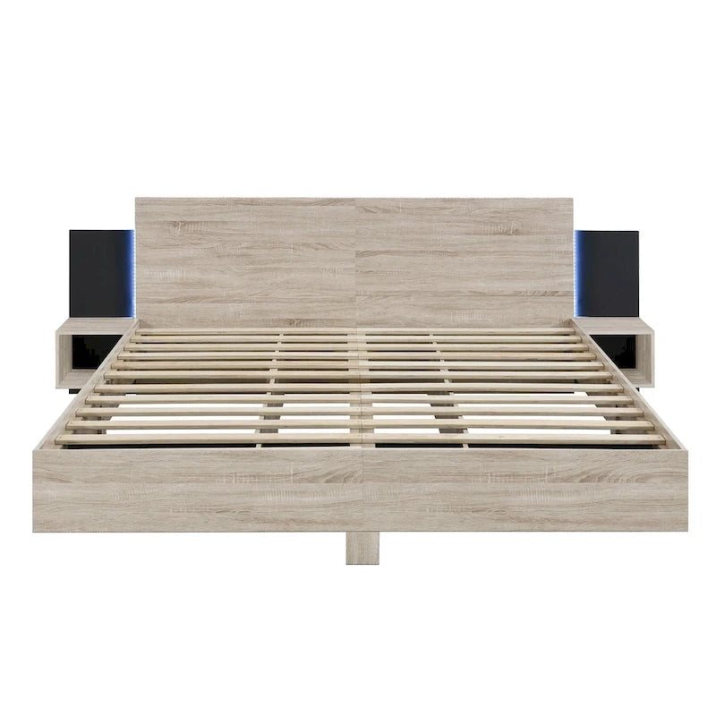 King Size Wooden Floating Platform Bed with Bedside Nightstand Modern LED King Size Bed Frame Wooden Slats Support 6
