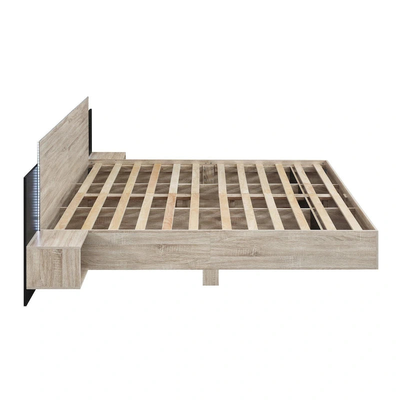 King Size Wooden Floating Platform Bed with Bedside Nightstand Modern LED King Size Bed Frame Wooden Slats Support 7
