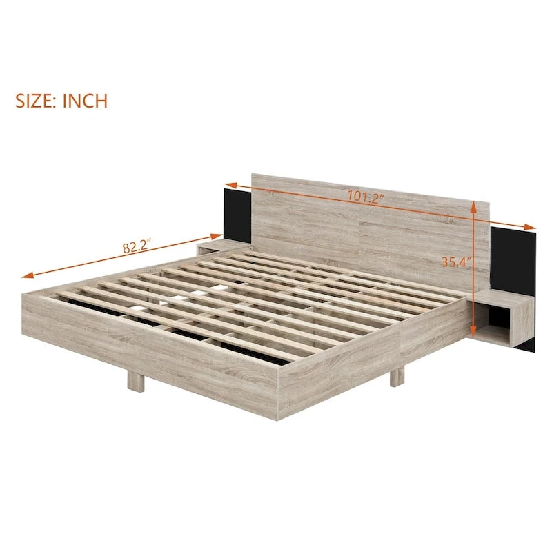 King Size Wooden Floating Platform Bed with Bedside Nightstand Modern LED King Size Bed Frame Wooden Slats Support 8