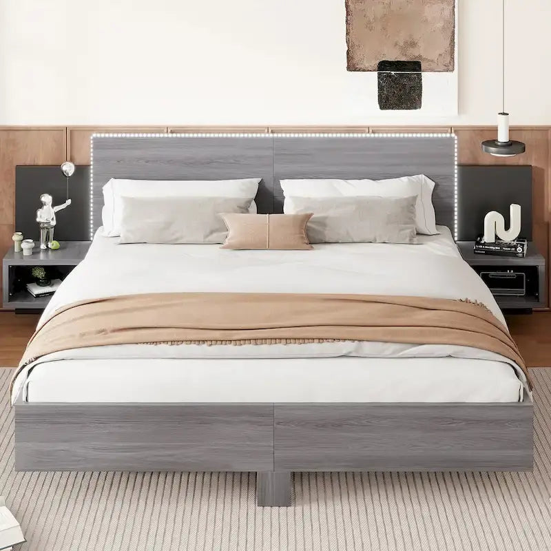 King Size Wooden Floating Platform Bed with Bedside Nightstand Modern LED King Size Bed Frame Wooden Slats Support 12