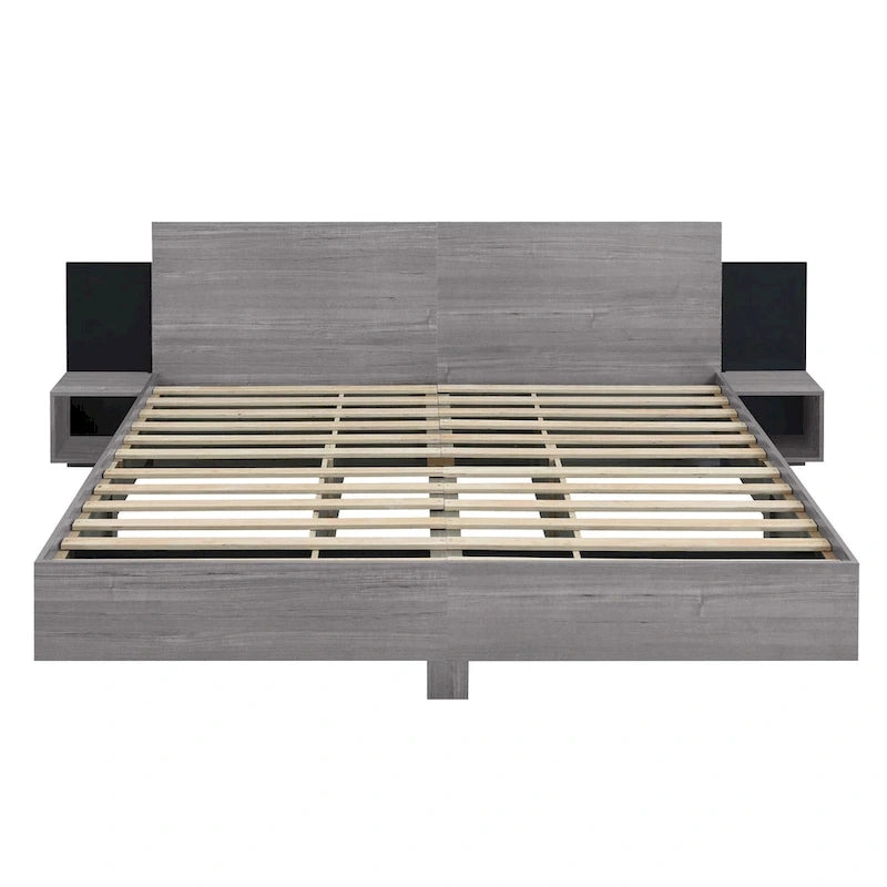 King Size Wooden Floating Platform Bed with Bedside Nightstand Modern LED King Size Bed Frame Wooden Slats Support 14