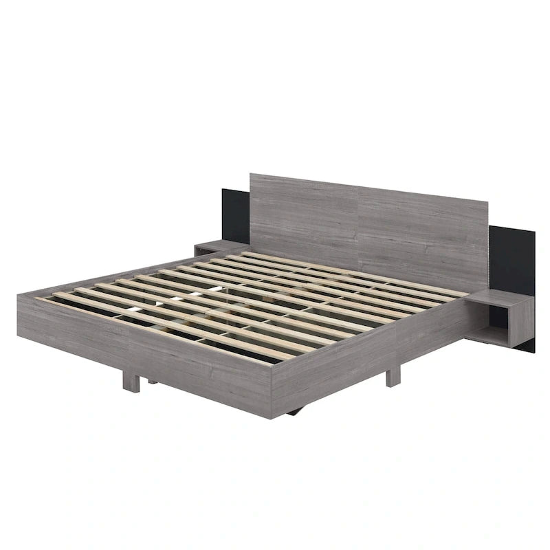 King Size Wooden Floating Platform Bed with Bedside Nightstand Modern LED King Size Bed Frame Wooden Slats Support 15