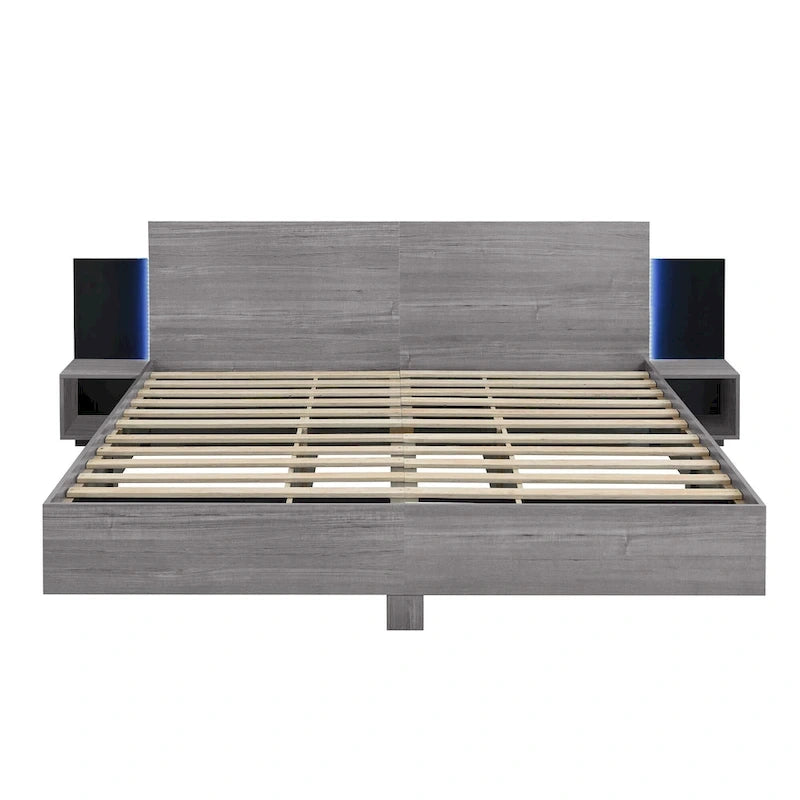 King Size Wooden Floating Platform Bed with Bedside Nightstand Modern LED King Size Bed Frame Wooden Slats Support 16