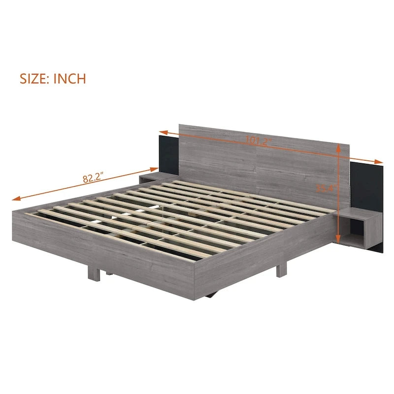 King Size Wooden Floating Platform Bed with Bedside Nightstand Modern LED King Size Bed Frame Wooden Slats Support 18