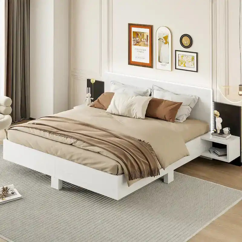 King Size Wooden Floating Platform Bed with Bedside Nightstand Modern LED King Size Bed Frame Wooden Slats Support 19