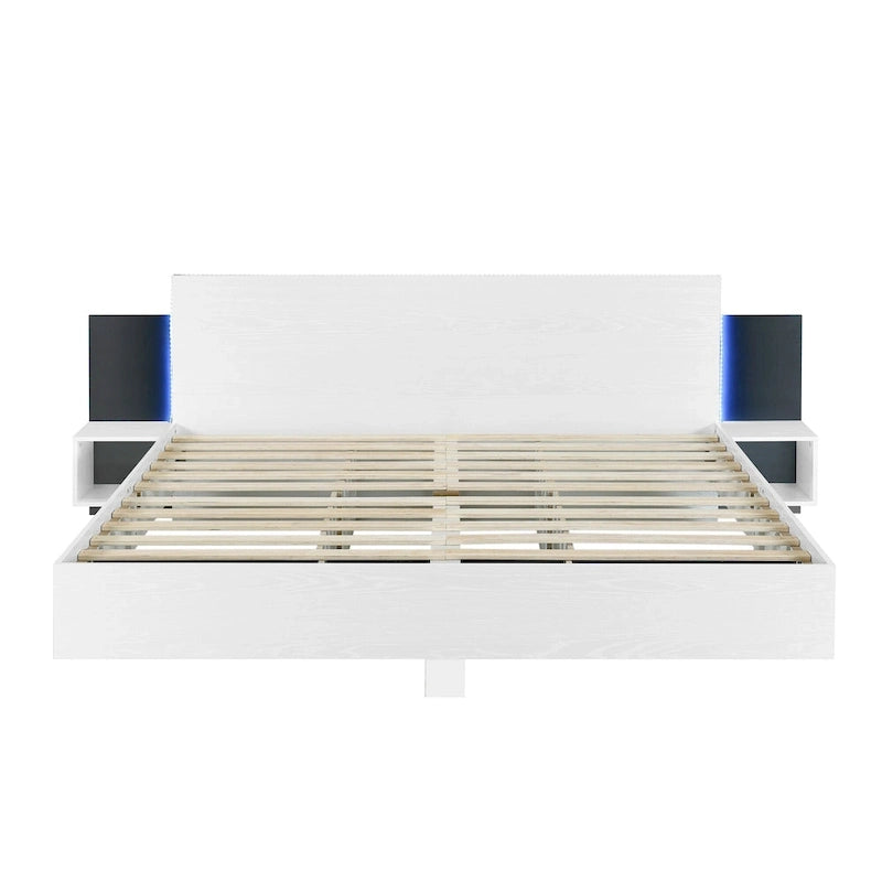 King Size Wooden Floating Platform Bed with Bedside Nightstand Modern LED King Size Bed Frame Wooden Slats Support 21