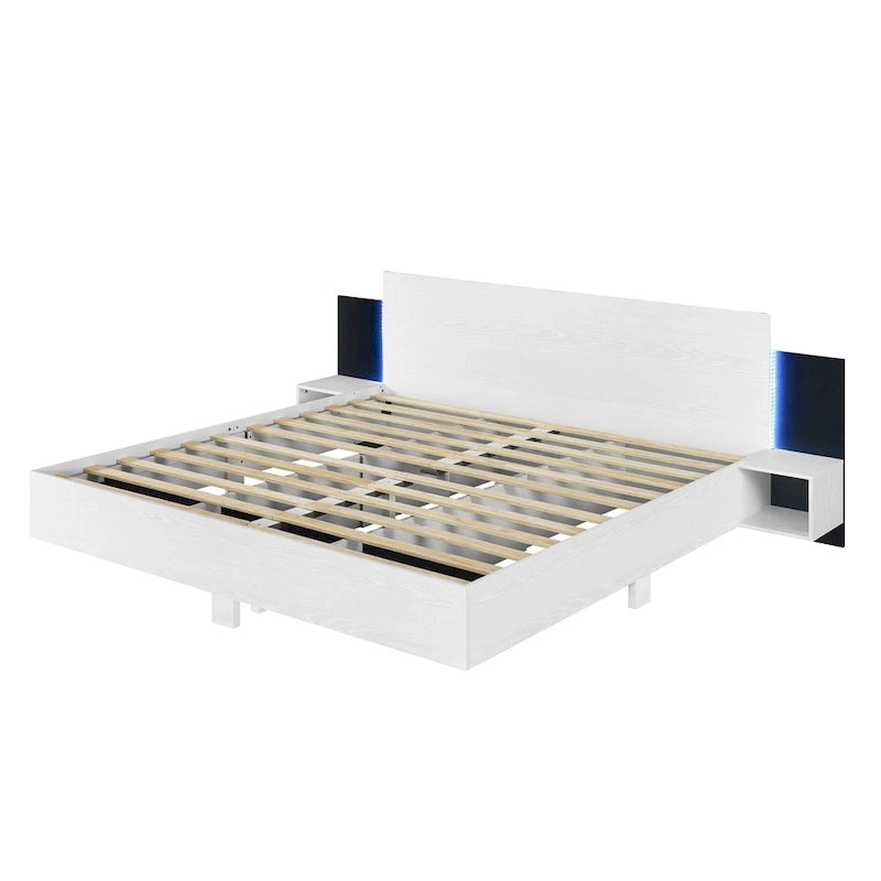 King Size Wooden Floating Platform Bed with Bedside Nightstand Modern LED King Size Bed Frame Wooden Slats Support 22