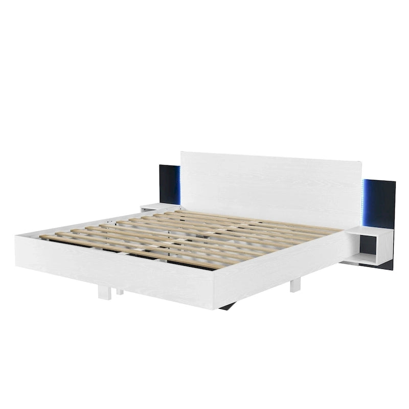 King Size Wooden Floating Platform Bed with Bedside Nightstand Modern LED King Size Bed Frame Wooden Slats Support 23