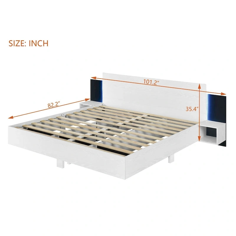 King Size Wooden Floating Platform Bed with Bedside Nightstand Modern LED King Size Bed Frame Wooden Slats Support 26