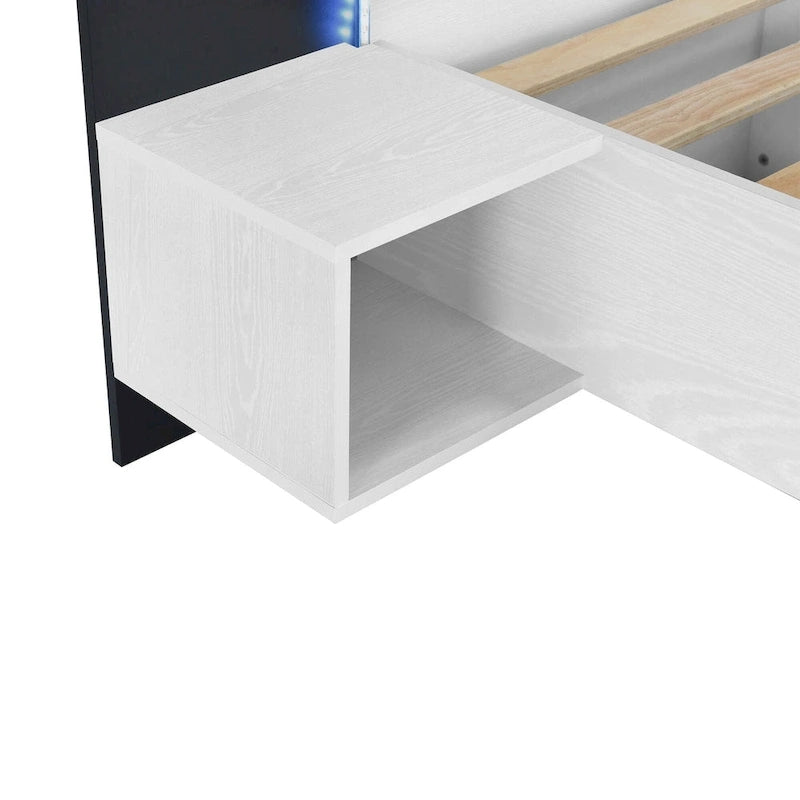 King Size Wooden Floating Platform Bed with Bedside Nightstand Modern LED King Size Bed Frame Wooden Slats Support 28