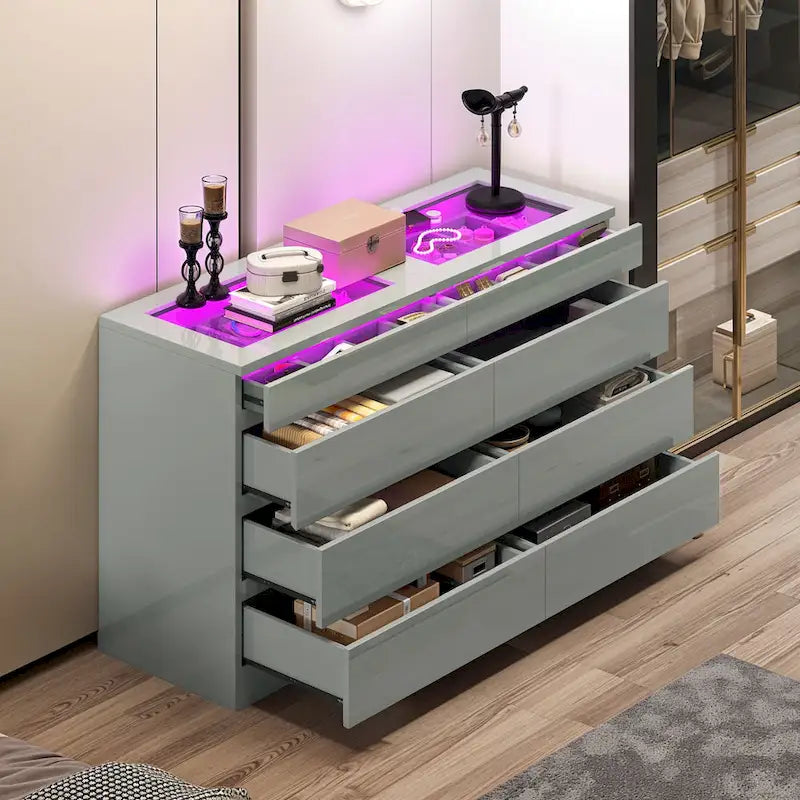 Moasis 8 Drawer Dresser with RGB Light,High Gloss Horizontal Storage Dresser