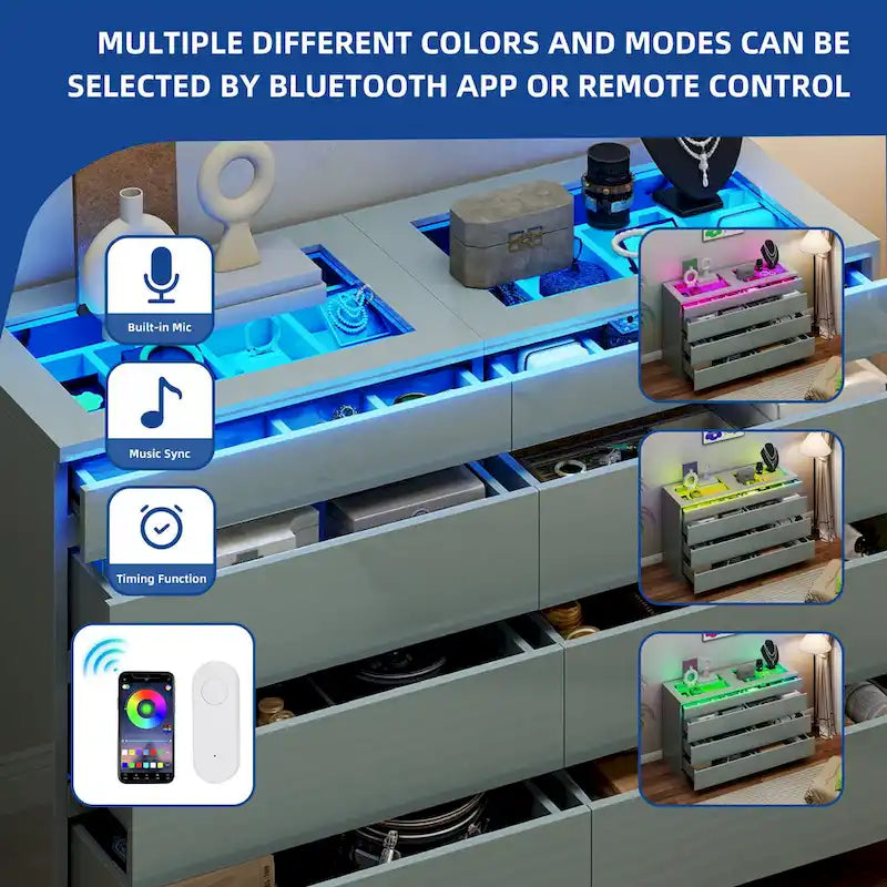 Moasis 8 Drawer Dresser with RGB Light,High Gloss Horizontal Storage Dresser