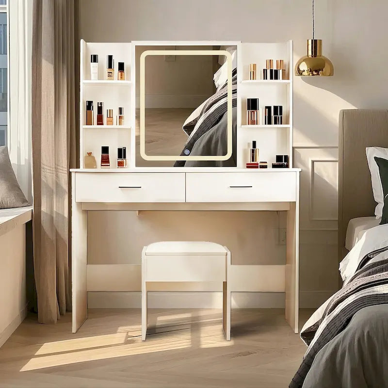 Vanity Desk with Mirror and Lights,with Drawer & Storage Cabinet,3 Lighting Modes Adjustable Brightness,with Open Shelves 43