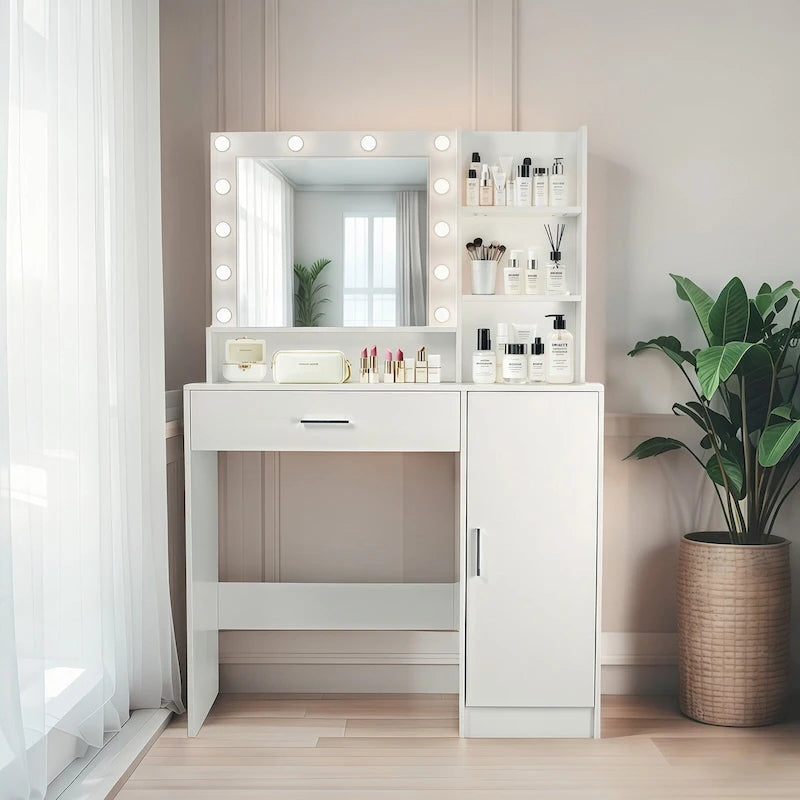 Vanity Desk with Mirror and Lights,with Drawer & Storage Cabinet,3 Lighting Modes Adjustable Brightness,with Open Shelves 44