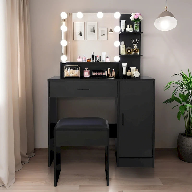 Vanity Desk with Mirror and Lights,with Drawer & Storage Cabinet,3 Lighting Modes Adjustable Brightness,with Open Shelves 45