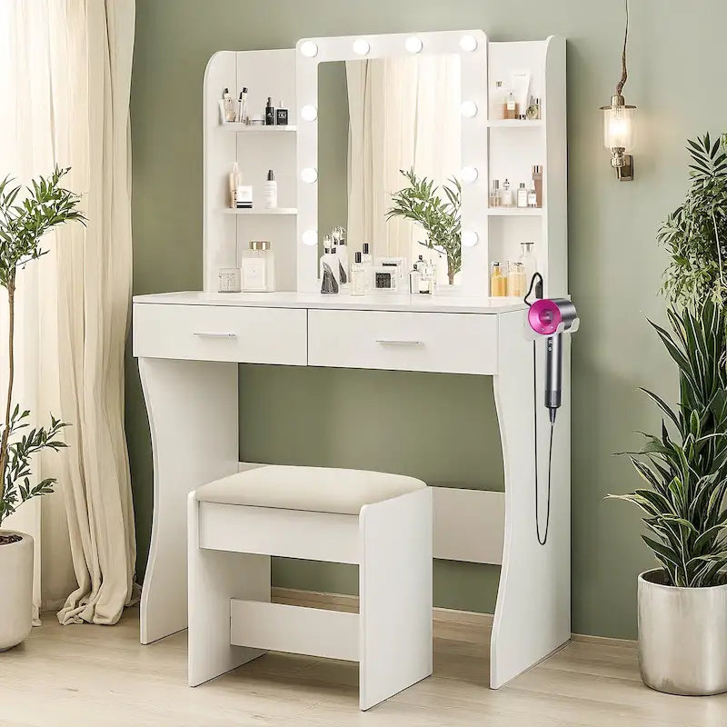 Vanity Desk with Mirror and Lights,with Drawer & Storage Cabinet,3 Lighting Modes Adjustable Brightness,with Open Shelves 46