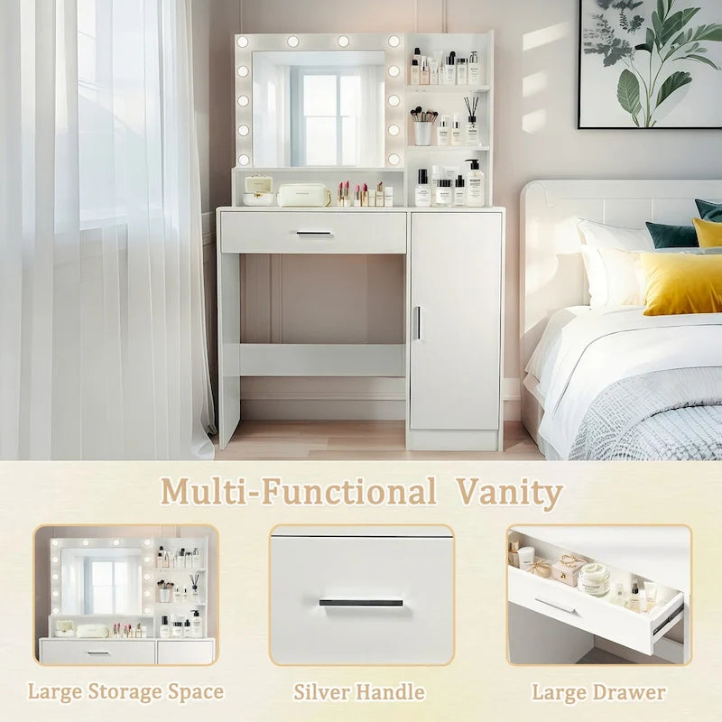 Vanity Desk with Mirror and Lights,with Drawer & Storage Cabinet,3 Lighting Modes Adjustable Brightness,with Open Shelves 3