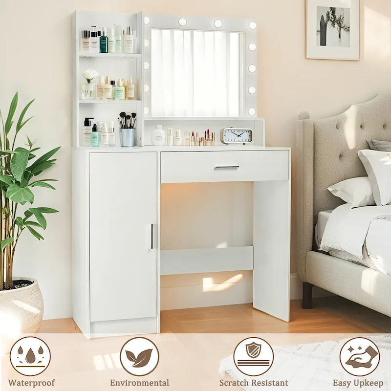 Vanity Desk with Mirror and Lights,with Drawer & Storage Cabinet,3 Lighting Modes Adjustable Brightness,with Open Shelves 4