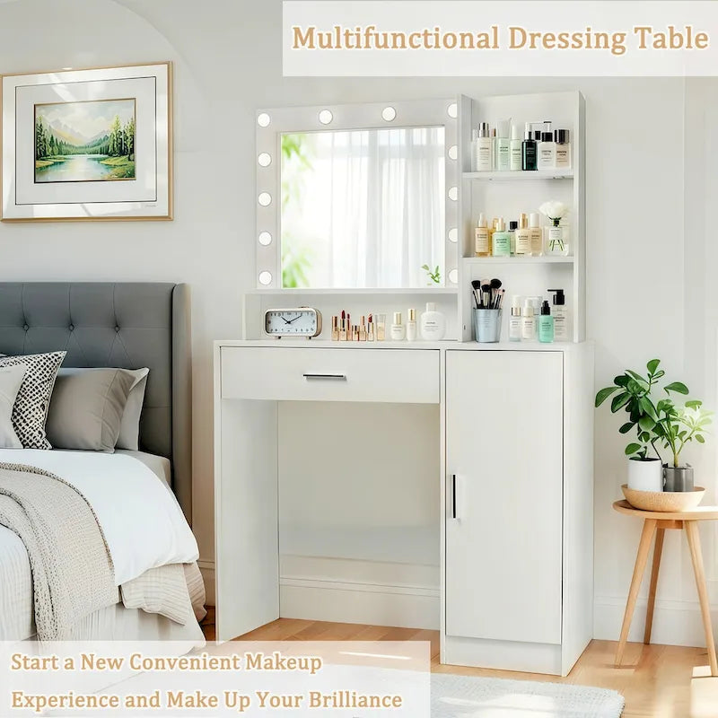 Vanity Desk with Mirror and Lights,with Drawer & Storage Cabinet,3 Lighting Modes Adjustable Brightness,with Open Shelves 5
