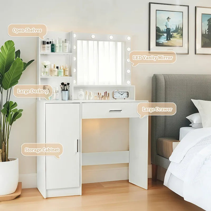 Vanity Desk with Mirror and Lights,with Drawer & Storage Cabinet,3 Lighting Modes Adjustable Brightness,with Open Shelves 6