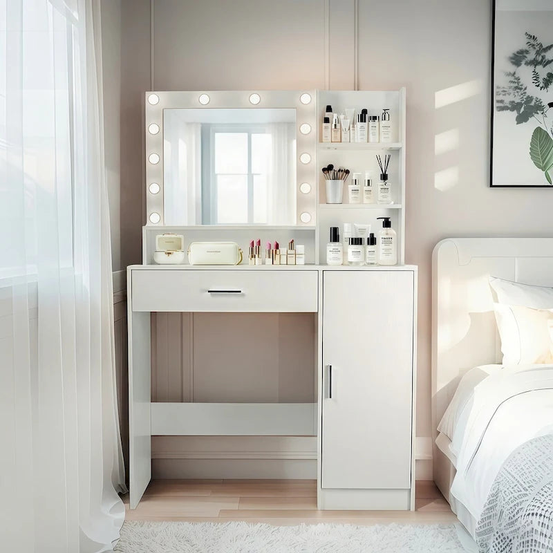 Vanity Desk with Mirror and Lights,with Drawer & Storage Cabinet,3 Lighting Modes Adjustable Brightness,with Open Shelves 7