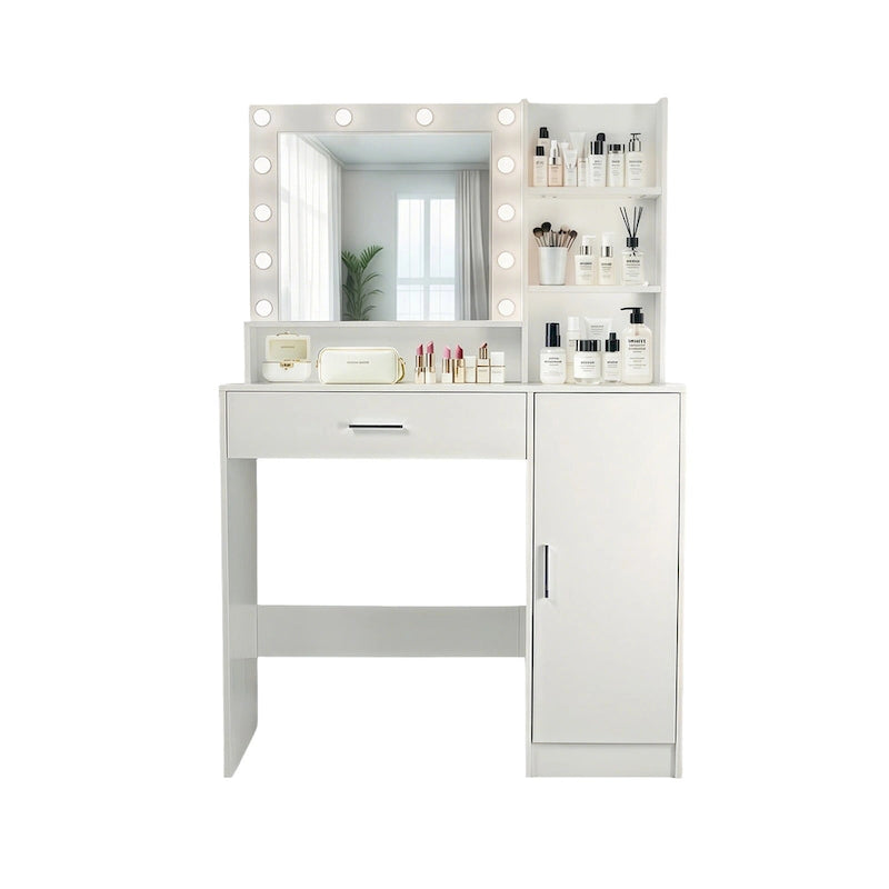 Vanity Desk with Mirror and Lights,with Drawer & Storage Cabinet,3 Lighting Modes Adjustable Brightness,with Open Shelves 8