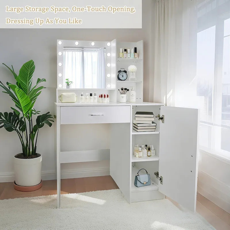 Vanity Desk with Mirror and Lights,with Drawer & Storage Cabinet,3 Lighting Modes Adjustable Brightness,with Open Shelves 9