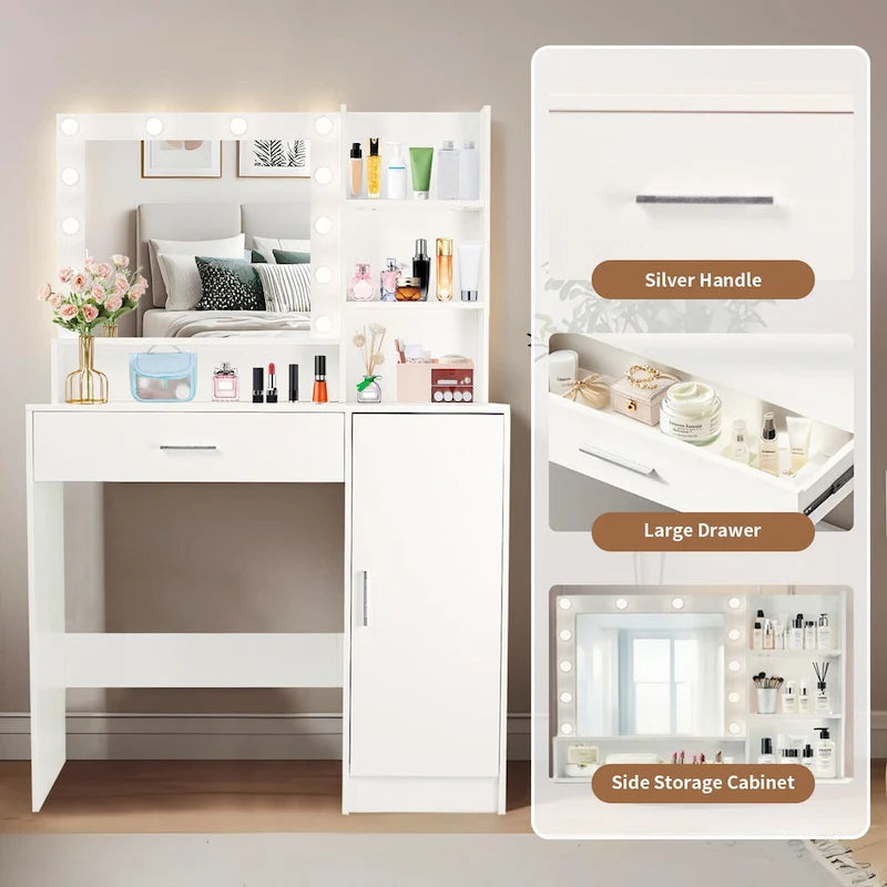 Vanity Desk with Mirror and Lights,with Drawer & Storage Cabinet,3 Lighting Modes Adjustable Brightness,with Open Shelves 10