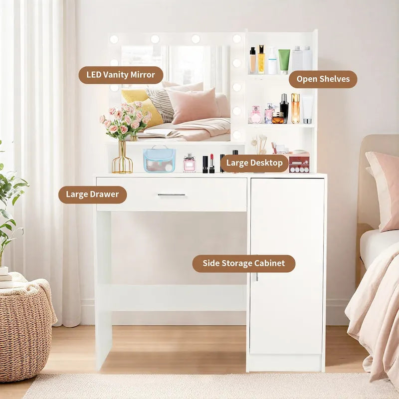 Vanity Desk with Mirror and Lights,with Drawer & Storage Cabinet,3 Lighting Modes Adjustable Brightness,with Open Shelves 11