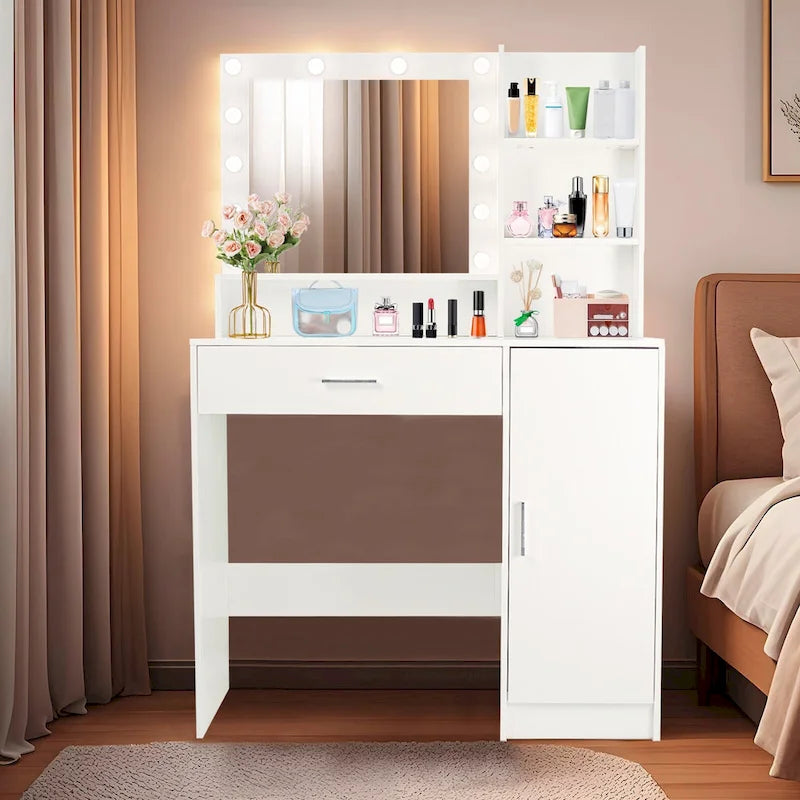 Vanity Desk with Mirror and Lights,with Drawer & Storage Cabinet,3 Lighting Modes Adjustable Brightness,with Open Shelves 12