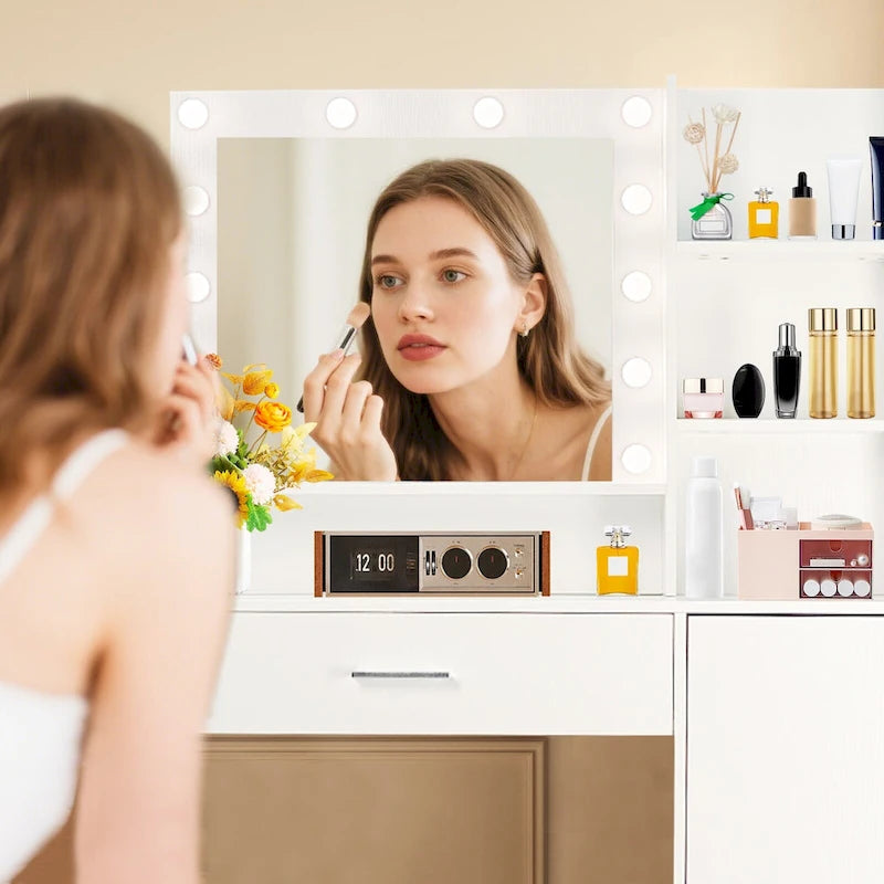 Vanity Desk with Mirror and Lights,with Drawer & Storage Cabinet,3 Lighting Modes Adjustable Brightness,with Open Shelves 13