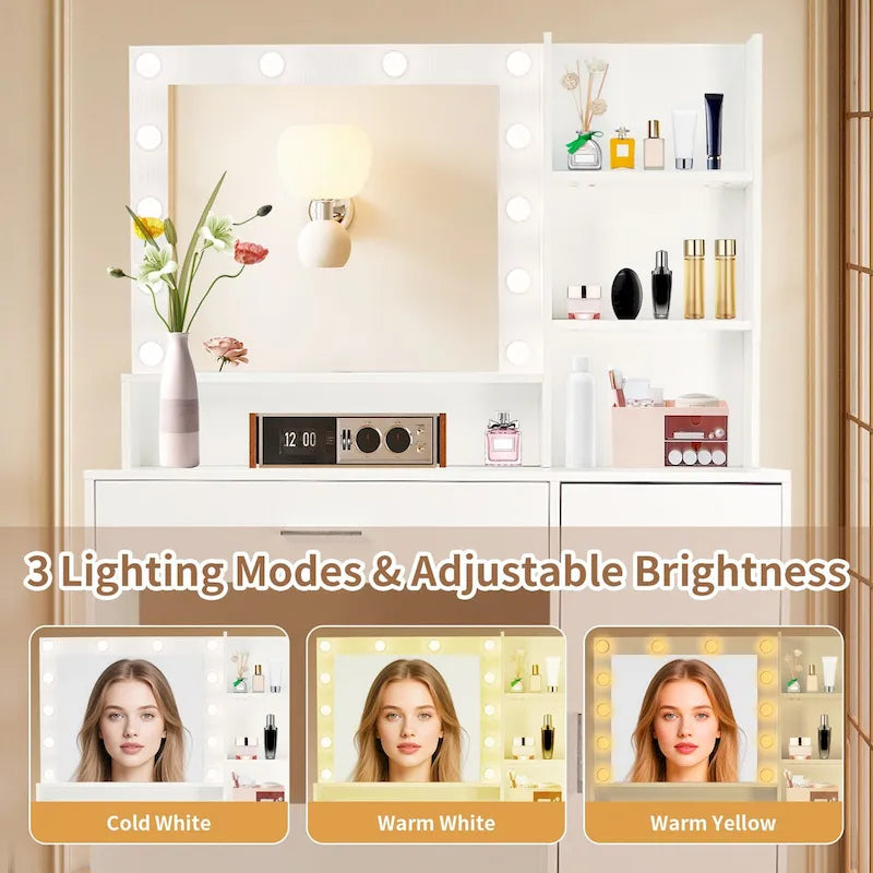 Vanity Desk with Mirror and Lights,with Drawer & Storage Cabinet,3 Lighting Modes Adjustable Brightness,with Open Shelves 14