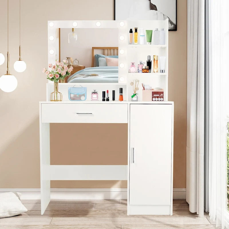Vanity Desk with Mirror and Lights,with Drawer & Storage Cabinet,3 Lighting Modes Adjustable Brightness,with Open Shelves 15